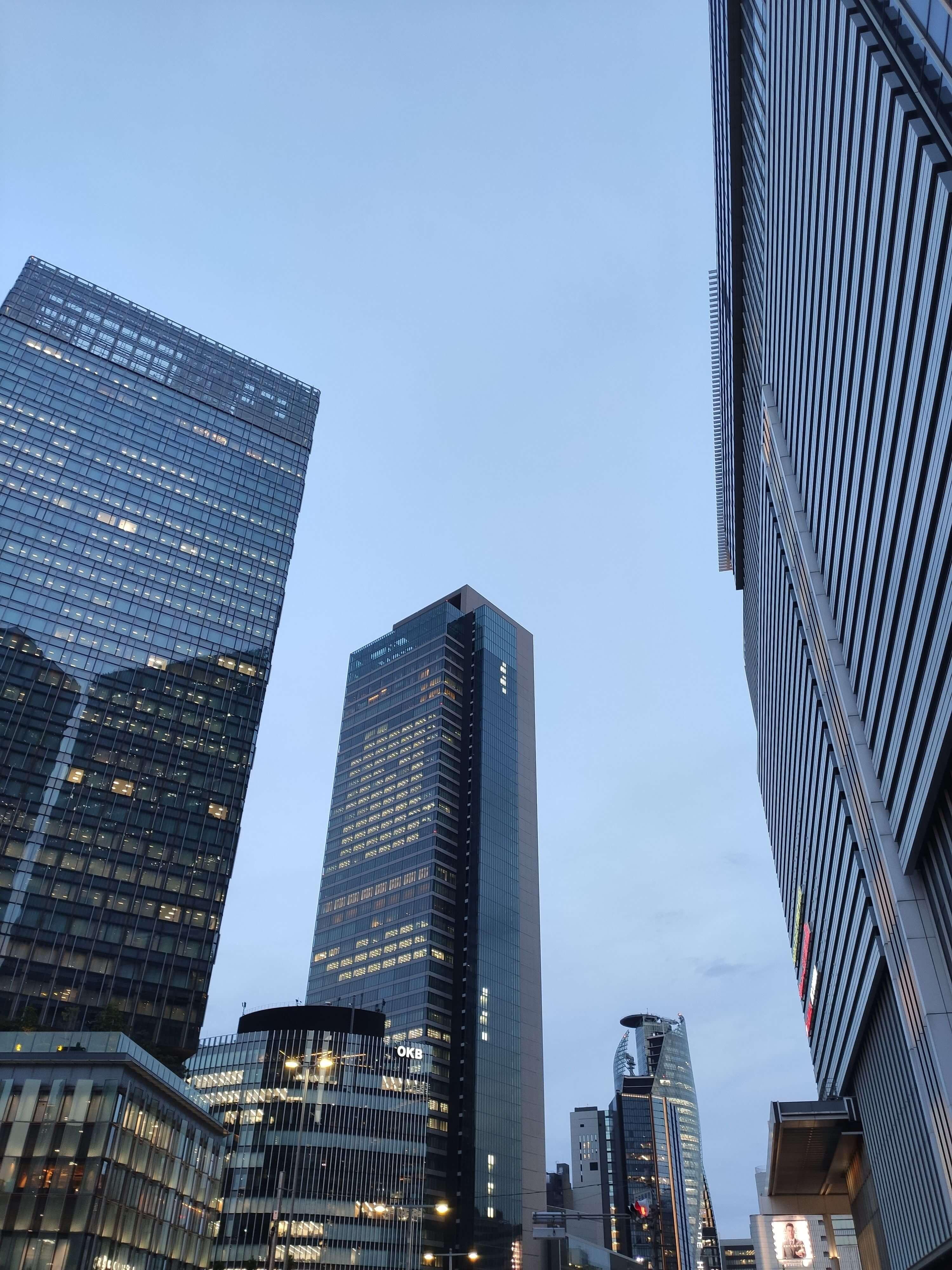 Office towers at dusk in a downtown financial district