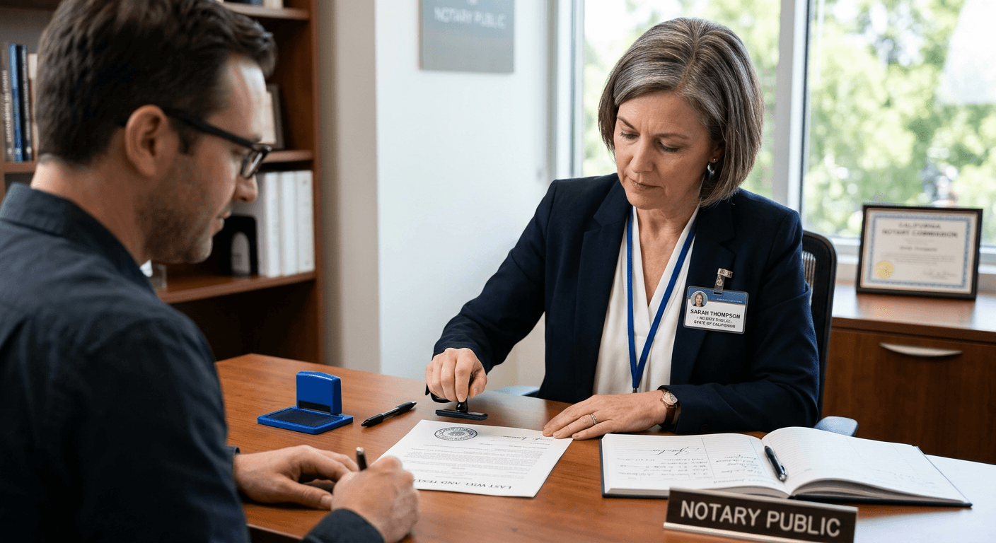 A notary stamping a document for a client across a desk